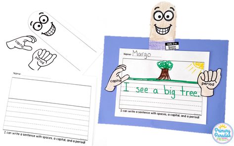 Sentence writing ideas for kindergarten and first grade students. These engaging ideas will help your students to learn to write basic sentences with capitals, periods, and proper spacing. Teaching Sentence Writing, Writing Sentences Kindergarten, Teaching Sentences, Ideas For Kindergarten, 1st Grade Writing, Learn To Write, Kindergarten Learning Activities, English Worksheets For Kids, Phonics Kindergarten