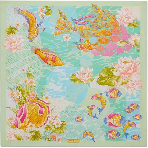 Salvatore Ferragamo Tropical Fish Print Scarf Chanel Scarves, Shawls Design, Chanel Scarf, Water Life, Fashion Scarves, Fish Print, Colour Board, Scarf Design, Tropical Fish