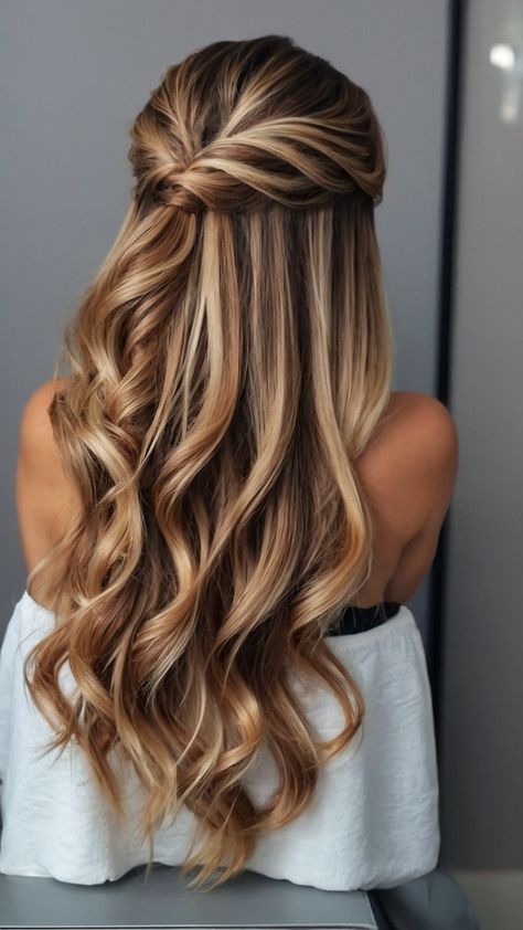 Looking for stunning hoco hairstyles that suit your straight simple and half-up hair From short hair to half-up-half-down styles long hair to medium length natural curly hair to short and easy shoulder-length cuts - we have you covered Find your perfect homecoming hairstyle now Hair Styles For Hoco Long Hair, Homecoming Hairstyles For Long Hair Half Up Half Down, Half Up Styles For Medium Hair, Halfup Hairstyle For Long Hair Wedding, Hoco Hair Half Up, Half Up Hair For Wedding, Curled Half Up Half Down Hairstyles, Half Up Half Down Wedding Hair Bridesmaid, Medium Length Natural Curly Hair