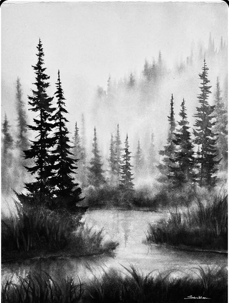 Foggy Forest Drawing Pencil, Fireplace Tattoo, Forest Landscape Drawing, Treeline Silhouette, Mountain Sleeve Tattoo, Fun Mural, Nature Tattoo Ideas, Forest Sketch, Charcoal Sketches