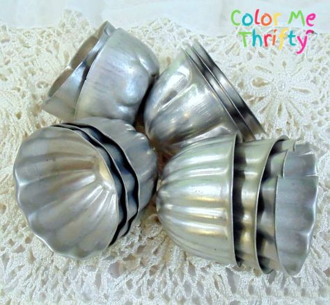 Copper Jello Molds Repurposed, Vintage Jello Molds Repurposed, Jello Molds Repurposed, Jello Mold Ideas, Repurpose Diy, Stenciled Curtains, Repurposed Metal, Vintage Jello Molds, Jello Cups