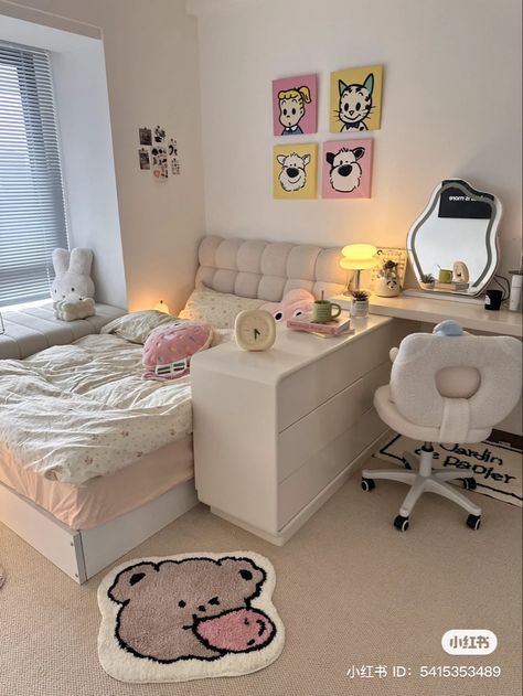 Cute Bedroom Ideas Modern, Korean Styled Room, Room Decor Cute Korean, Korean Room Layout, Bed With Desk Next To It, K Drama Room Decor, Full Room Aesthetic, Bedroom With Desk And Couch, Korea Aesthetic Room