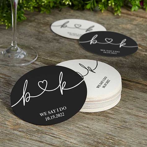 Custom Coasters Wedding, Personalized Coasters Wedding, Wedding Coasters Favors, Paper Coasters, Personalization Mall, Wedding Reception Seating, Black Coasters, Drawn Together, Simple Wedding Decorations