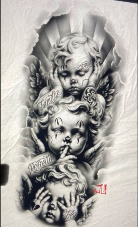 Black And White Tattoos For Men, Chicano Angel Tattoo, Angle Tattoo, Half Sleeve Tattoos Sketches, Heaven Tattoos, Cherub Tattoo, Mexican Art Tattoos, Cool Tattoo Drawings, Street Tattoo