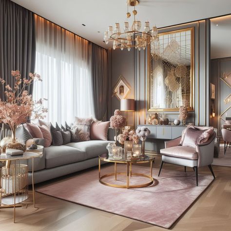 A comfortable and chic living room decor with a pink, silver, and gold theme and an oasis vibe, with a terrace and a city view. Romantic Modern Living Room, Vintage Glam Living Room Decor, Glam Living Room Decor Luxury, Feminine Living Room Decor, Glam Style Living Room, Girly Living Room, Wallpaper Bohemian, Glam Interior Design, Feminine Living Room