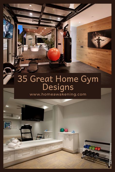 See 35 amazing home gyms (photo gallery) #homegym #homedesign Living Room Gym Combo, Home Gym Ideas Small Basements, Small Gym Room, Workout Room Design, Home Gym Room, Living Room Gym, Home Gym Layout, Home Gym Ideas Small, Home Gym Basement