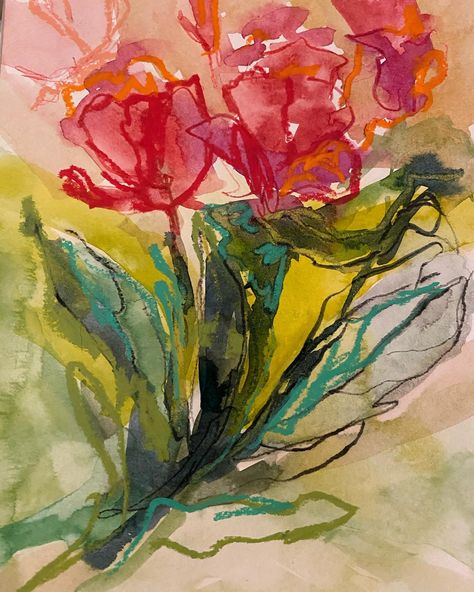 Day 10/100 #meltingpotflorals Inspired by the small studies I’ve been working on at night, swipe to see. I wanted these to be energetic, layers of color with mark making on top. Used W&N watercolor, inktense pencils and oil pastels. Tulip Watercolor, Inktense Pencils, Watercolor Tulips, Small Study, Watercolor Canvas, Oil Pastels, Watercolor Sketch, Landscape Artist, Mark Making