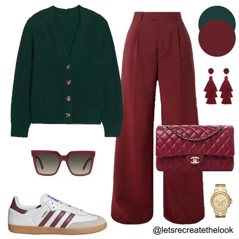 Burgundy x Green - 4 Outfit Ideas 🍷🌲 Burgundy is one of the IT colors for fall! It’s one of my favorite colors for fall as well. Today I will be sharing some of my favorite colors to pair burgundy. First up is shades of green. Here are four different shades of green to try pairing with burgundy. Save this post for style inspo and look in your closet to see if you have any of these colors and try pairing them together to maximize your wardrobe! Which shade of green is your favorite to pair w... Burgandy Pants Outfits Fall, Dark Pink Top Outfit Color Combos, Red And Army Green Outfits, Red And Green Outfit Ideas, Burgandy Pants Outfits Work Fall, Outfit With Burgundy Pants, Burgandy Outfits Aesthetic, Green And Burgundy Outfit, Outfits With Burgundy Pants