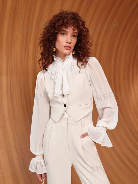 Vest With Puffy Sleeves, Victorian Pirate, Jabot Collar, Corporate Goth, Ladies Suits, White Outfit, Work Wear Women, Flounce Sleeve, Women Blouses