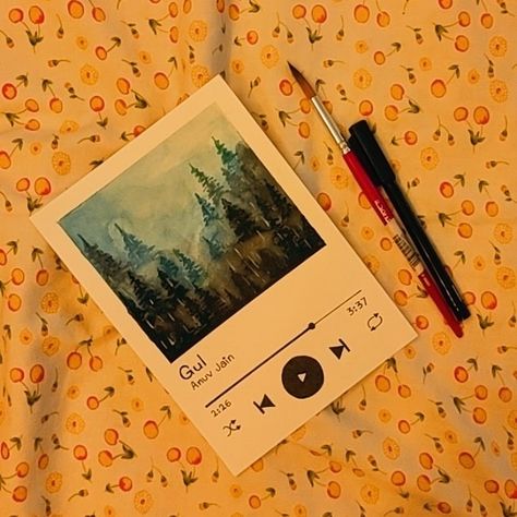 Spotify plaque of gul by anuv jain♥️ Misty forest watercolour painting Playlist Painting Ideas, Spotify Playlist Drawing Ideas, Anuv Jain Gul, Anuv Jain Aesthetic Wallpaper, Mini Watercolour Painting, Spotify Polaroid Painting, Spotify Playlist Painting, Anuv Jain Aesthetic, Playlist Painting