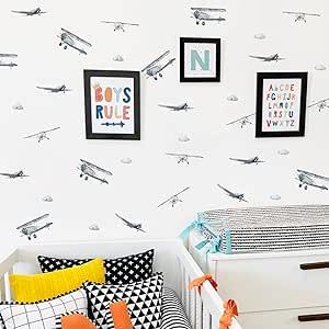 astrkiz Boy Vintage Planes Wall Decals Peel and Stick, Watercolor Blue Airplane and Clouds Wall Sticker for Baby Boys Room Kids Room Playroom Gender Neutral Room Nursery Wall Art Stickers Decor Gender Neutral Room, Baby Boys Room, Blue Airplane, Cloud Wall Decal, Airplane Wall, Children Room Boy, Wall Art Stickers, Neutral Room, Cleaning Walls