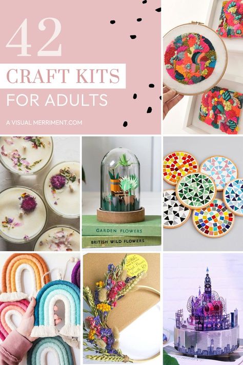 Looking to start a new craft? Perhaps you want a gift for a crafty person or just want a way to reduce stress and explore your creativity? There's sure to be something you'll love in this list of best craft kits for adults: Embroidery; Painting; Home Decor Crafts; Outdoor Crafts; Accessories + many more! Find them all at A Visual Merriment | Diy Kits for Adults | Crafts for Seniors | Diy Craft Kits | Diy Crafts for Adults | Adult Crafts | Hobbies for Adults | Easy Craft Projects | New Crafts Craft Retreat Gifts, Crafts With Things You Have At Home, Christmas Craft Kits For Adults, 6th Grade Crafts Ideas, Teenage Crafts Projects, Diy Crafts For Adults Decor Home, Friend Crafts For Adults, Friendship Crafts For Adults, 10 Minute Crafts For Adults