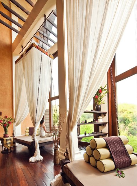 Perfect relaxing spot idea! Curtains and Thai cushions decor at our spa. Anantara Golden Triangle Resort & Spa, Chiang Rai, Thailand Deco Spa, Spa Relaxation, Resort Interior, Spa Interior, Chiang Rai, Spa Decor, Spa Retreat, Best Spa, Spa Room