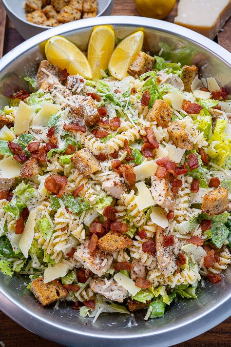 Bacon Caesar Salad, Pasta Ceasar Salad Recipe, Pasta Caesar Salad, Cheddar Pasta, Chicken Caesar Pasta, Caesar Pasta Salad, Salad With Grilled Chicken, Caesar Pasta, Chicken Caesar Pasta Salad