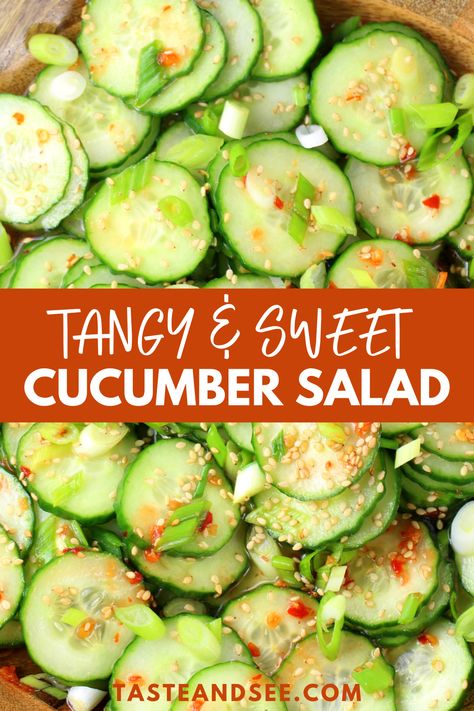 Sliced cucumbers tossed in a tangy and sweet Asian dressing. The Salad To Bring, Asian Salad Cucumber, Poke Cucumber Salad, Chinese Cucumber Salad Rice Vinegar, Tangy Cucumber Salad, Quick Asian Cucumber Salad, Cucumber Salad Dairy Free, Asian Style Cucumbers, Shrimp Make Ahead Meal