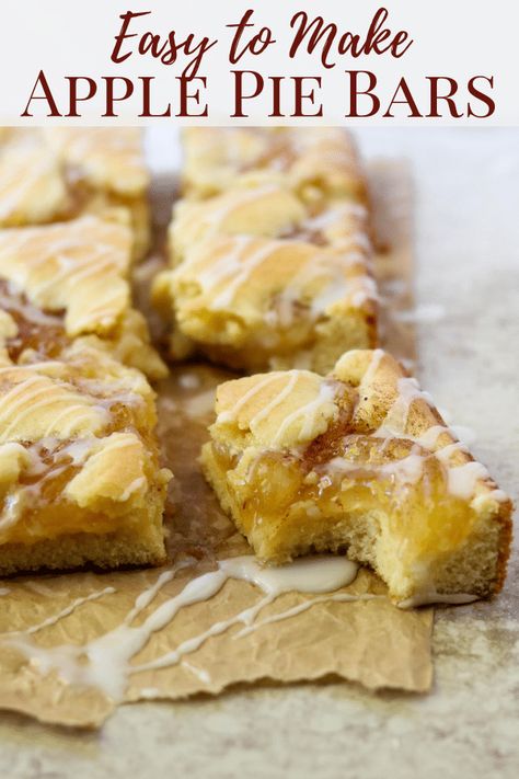 Easy Apple Pie Bars have all the flavors of a traditional apple pie with out all the work! Sweet vanilla cake is topped with store-bought apple pie filling, then topped with the remaining vanilla batter. Right before serving drizzle with a little Powder Sugar Glaze for a show stopping dessert. Don't forget the vanilla ice cream. #applepie #bars #easydessert #holidayrecipe Powder Sugar Glaze, Easy Apple Pie Bars, Apple Pie Bars Easy, Apple Pie Filling Desserts, Pie Filling Desserts, Apple Pie Bars Recipe, Traditional Apple Pie, Apple Pie Filling Recipes, Canned Apple Pie Filling