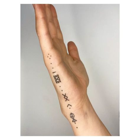 Runic Arm Tattoo, Viking Ankle Tattoo, Hand Tattoos Runes, Ruin Tattoos Viking, Small Rune Tattoos, Danish Symbols Tattoos, Fine Line Rune Tattoo, Viking Hip Tattoos Women, Modern Viking Tattoo