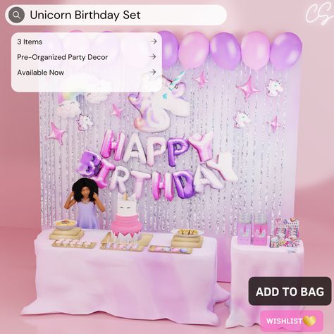 Unicorn Birthday Party Set 🦄 | Patreon Sims 4 Unicorn, Sims 4 Jobs, Lotes The Sims 4, Unicorn Backdrop, The Sims 4 Cabelos, Treat Table, Sims Baby, The Sims 4 Pc, Sims 4 Cc Kids Clothing