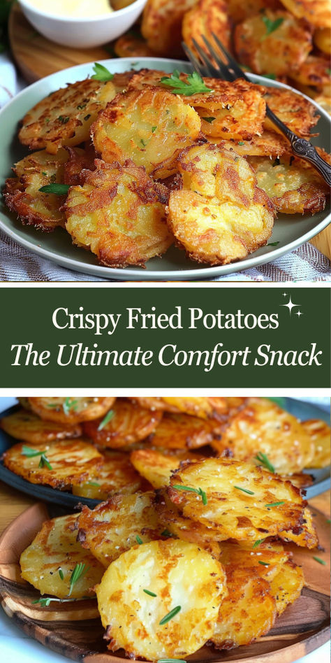 Dive into a bowl of golden and crispy fried potatoes, a timeless classic that's perfect for satisfying your snack cravings any time of day. 🌟 #ClassicComfortFood #SnackTime #GoldenPotatoes #FoodieFinds #GourmetTreats Recipe Ideas With Potatoes, Crispy Crushed Potatoes, Potato Recipes Chips, Twice Fried Potatoes, Crispy Seasoned Potatoes, Crispy Potato Rounds, Deep Fried Potatoes Slices, Bulk Potato Recipes, Dinner Ideas With Potatoes Meals