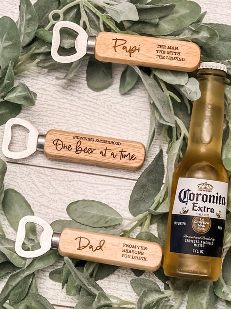 Make your gift count with our convenient wooden-handled bottle opener. Engraved with your special message, this meaningful gift will tell your story. These are laser engraved and will never peel or fade. A quirky small gift for the men in your life. This thoughtful bottle opener can be used for his favorite drink year round. In notes at checkout, please indicate title of person receiving the opener (Dad, Daddy, Papa, Papi, Abuelo, Grandpa, etc.) Engraving Designs Ideas, Laser Engraved Gifts For Women, Bottle Opener Quotes, Glass Laser Engraving, Laser Engraved Wedding Gifts, Wood Laser Engraving Ideas, Laser Engraving Ideas Projects, Wood Engraving Ideas, Engraving Crafts