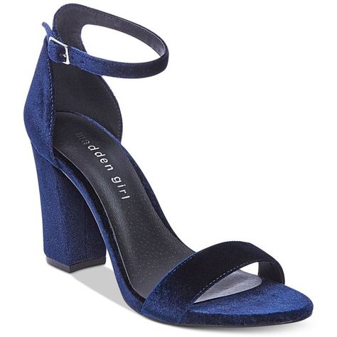 For your elegant evening out, Madden Girl's Bella dress sandals temper a delicate ankle strap with a bold block heel in posh style. Xv Shoes, Blue Velvet Heels, Blue Heeled, Madden Girl Heels, Brian Atwood Heels, Navy Sandals, Navy Blue Shoes, Prom Heels, Minimalist Shoes