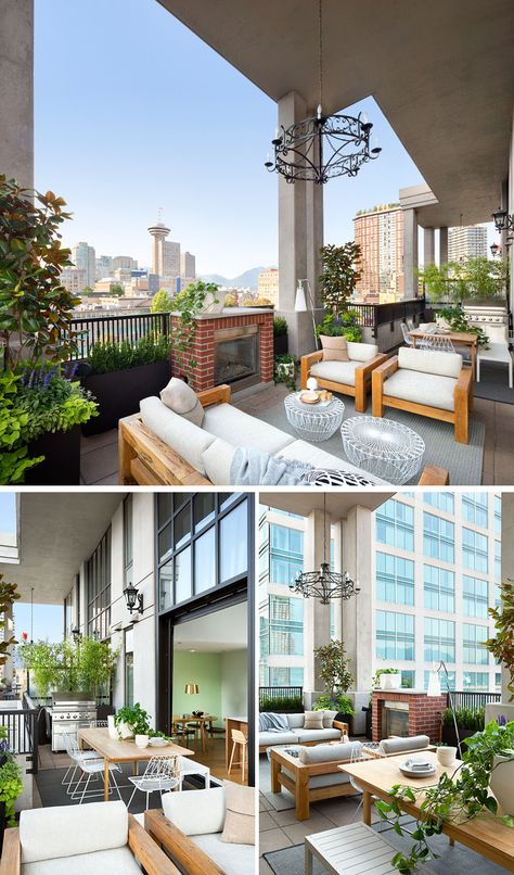 This modern loft balcony has views of downtown Vancouver, and is filled with a variety of places to relax or entertain. There's a bbq and outdoor dining area as well as a lounge area next to a fireplace. Falken Reynolds, Loft Balcony, Vancouver Apartment, Vancouver Condo, Light Green Walls, Urban Gardens, Downtown Vancouver, Design Outdoor, Modern Loft