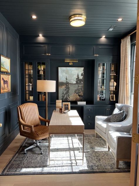 Moody Office Inspo Dark Office Built Ins, Entire Room Painted One Color, Office Desk In Middle Of Room, Office And Bar Room Combo, Mediterranean Home Office Ideas, Office Mens Decor, Dark Walls Office, Man’s Home Office, Home Office Men Ideas