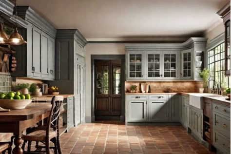 Spacious rustic kitchen with gray cabinetry, farmhouse sink, wooden dining table, and brick flooring. Colonial Townhouse Interior Design, Kitchen Colonial Style, Colonial Style Kitchen Ideas, Colonial Style Kitchens, Colonial Chic Kitchen, Colonial House Interior Design Kitchen, New England Colonial Kitchen, Traditional Colonial Kitchen, Colonial Revival Interior Design