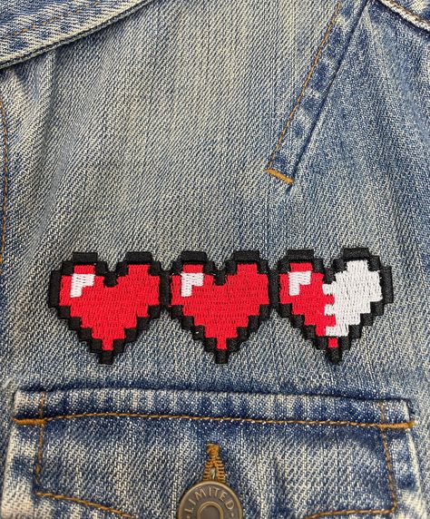 "Zelda inspired Heart Container Patch. This patch measures approximately 4\" X 1.25 All of my patches include an iron on backing but may also be sewn on.  Custom sizing and colors are available on this patch. Send me a DM!" Cute Patches Diy, Patches On Shirt, Homemade Patches Diy, Cool Patches Design, Jacket Patches Ideas, Patches On Pants, Jacket Patches Aesthetic, Aesthetic Patches, Senior Jackets Patches