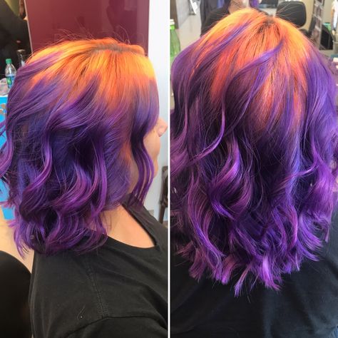 You can find the hairstyles on instagram! @ hairbycaitlingreen Orange Roots Purple Hair, Purple And Orange Hair Short, Orange Purple Hair, Orange And Purple Hair, Purple Orange Hair, Purple And Orange Hair, Inspo Hairstyles, Trish Una, Concert Attire