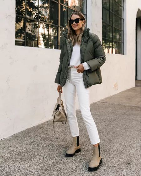 Puffer Jacket curated on LTK Winter Outfits Chic, Puffer Jacket Outfit, Green Puffer Jacket, Outfit Inspiration Women, Lug Boots, Chic Winter Outfits, Chic Fall Outfits, Fashion Jackson, Jenni Kayne