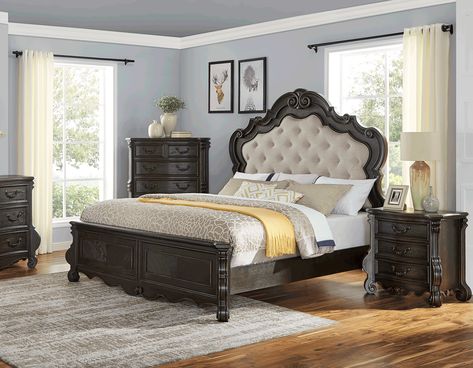 Rhapsody 4-Piece King Set (King Bed/DR/MR/NS) Beige Bedroom Set, Steve Silver Furniture, King Sleigh Bed, Sleigh Bedroom Set, Panel Bedroom, Beige Bedroom, King Bedroom Sets, Bedroom Sets Queen, Bedroom Panel