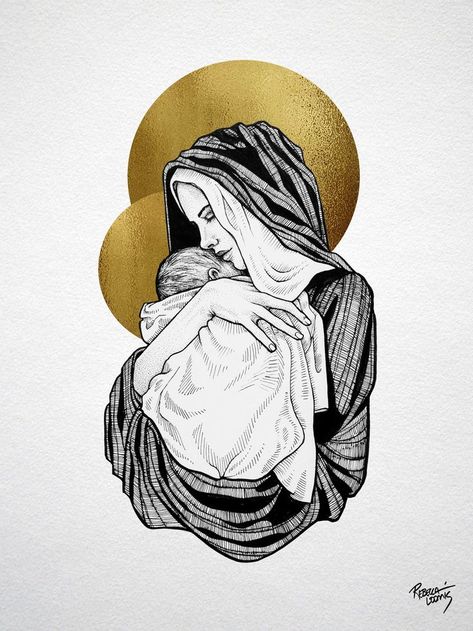 Drawn with archival ink pens and gold paint, this piece depicting the virgin Mary and the child Jesus was a perfect project for Christmas. Mary Tattoo, Virgin Mary Art, Jesus Drawings, Religious Artwork, Ayat Alkitab, Ink Pens, Child Jesus, The Virgin Mary, Mary And Jesus