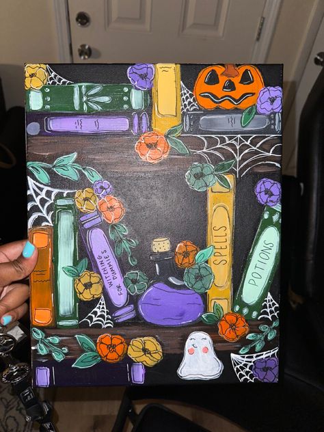 Halloween Paintings On Canvas Hocus Pocus, Canvas Spooky Painting Ideas, Halloween Book Painting, Spooky Bookshelf Drawing, Canvas Painting Ideas On Black Canvas, Book Painting Ideas On Canvas Easy, Spooky Acrylic Painting Easy, Bookcase Painting Canvas, Halloween Bookshelf Painting