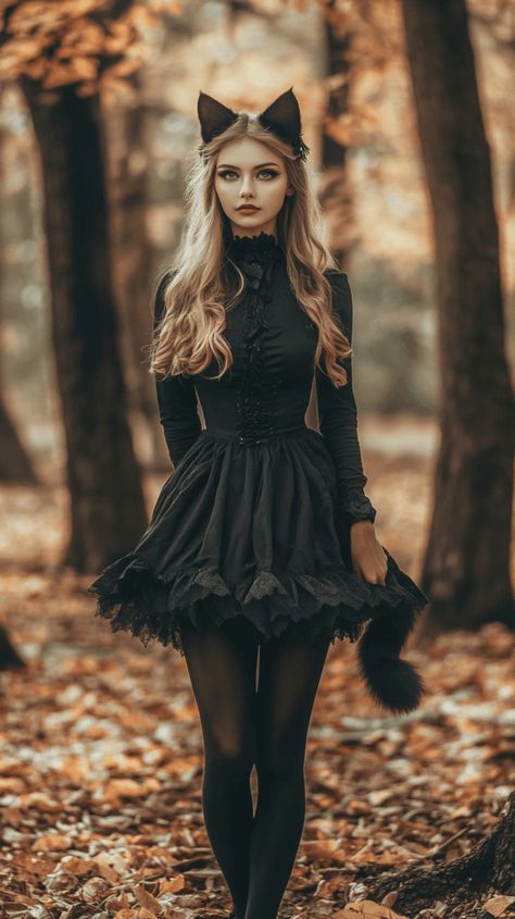 woman dressed in a black cat costume in a Fall scene outdoors Cat Outfits Women Halloween, Black Cat Costumes Women, Cat Costume Halloween Women, Scary Women Costumes, Halloween Black Cat Costume, Easy Cat Costume For Women, Diy Cat Costume Women, Cat Outfits Women, Easy Halloween Costumes For Adults