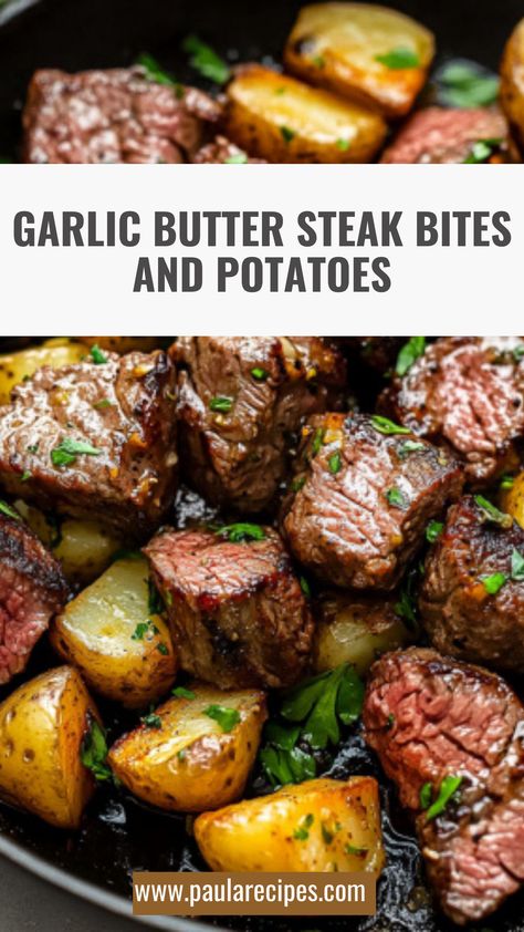 Buttery, Garlicky, Perfection! 🧄🧈🥩 Bite-sized steak morsels and crispy potatoes, all coated in rich garlic butter. A dish so good, you’ll keep coming back for more! 😋🍲

#GarlicButterSteak #PotatoLovers #ButteryDelights #SizzleSensation #WeeknightDinners #EasyRecipes #FoodieFaves #MeltInYourMouth #FlavorFusion #YumFactor Steak Lunch Recipes, Garlic Butter Herb Steak Bites, Steak Bites With Potatoes, Steak Lunch, Butter Herb, Potatoes Dinner, Garlic Butter Steak Bites, Butter Steak Bites, Steak Bites Recipe