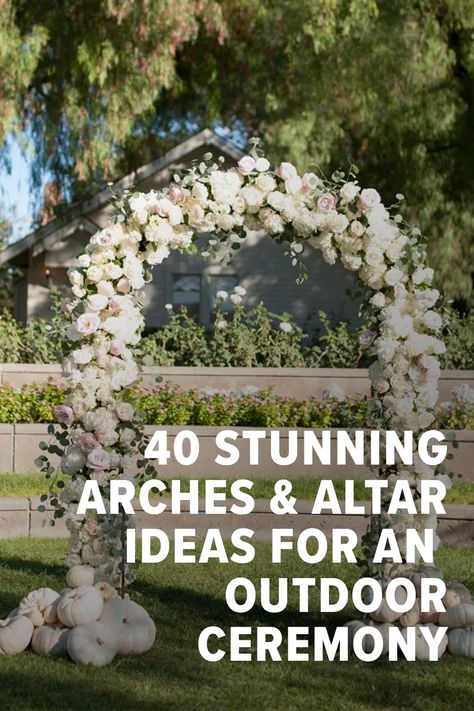 Garden Arch For Wedding, Non Traditional Wedding Altar, Wedding Garden Arch Ideas, Floral Archway Wedding Entrance, Beautiful Wedding Arches, Wedding Ideas Arches, Simple Backyard Wedding Arch, Round Arbor Wedding Ceremony Arch, Rug At Wedding Altar