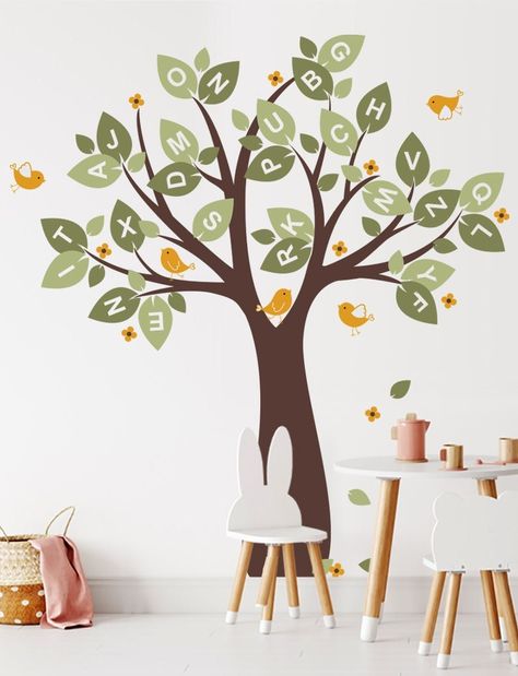 "[ITEM NO. 90070] Set Size: 73\"w x 81\"h (approx.) [COLORS IN THIS LISTING] * Tree and Flower inside dot: Middle Grey * Alphabet Leaves: Yellow Green and Dark Green (Alphabet are cut out so letter shows your wall color) * Birds: Light Blue * Flowers: Yellow [CHOOSING COLORS] * Color Option A (Tree / Flower inside dot): Choose 1 color * Color Option B (Leaves-Start Alphabet A): Choose 1 color * Color Option C (Leaves-Start Alphabet B): Choose 1 color * Color Option D (Birds / Flowers): Choose 1 Alphabet Tree, Toddler Room Organization, Nature Decal, School Wall Art, Alphabet Wall Art, Alphabet A, Option B, Light Blue Flowers, Flowers Yellow