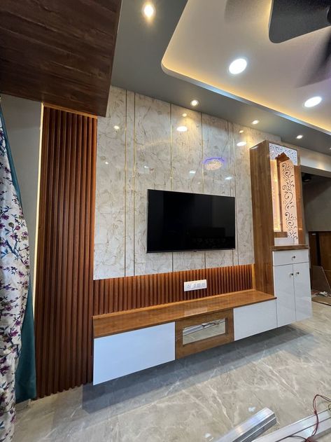 Tv Unit Near Entrance Door, Tv Panel With Mandir, Tv Unit Design Modern With Mandir, Tv Unit Attached Mandir, Tv Cabinet With Pooja Unit, Tv Wall Design With Mandir, Tv Unit With Puja Unit, Tv Unit With Pooja Unit, Tv Unit With Mandir