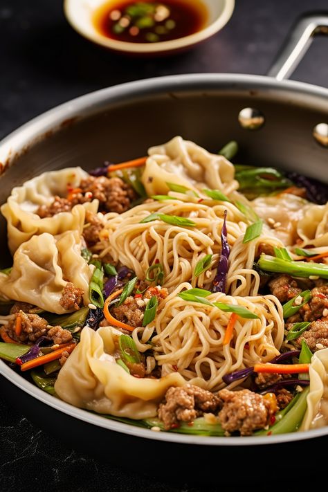 Crock Pot Asian Noodles, Potstickers Dinner Ideas, Potsticker Meal Dinners, Ramen And Potstickers, Meal With Potstickers, Korean Noodle Bowl, Potstickers Meal Ideas, Pot Sticker Recipe, Pot Stickers Meal Ideas