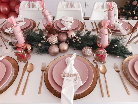 Blush Christmas Christmas/Holiday Party Ideas | Photo 8 of 20 | Catch My Party Christmas Rose Gold Decorations, Rose Gold Christmas Table Setting, Xmas Table Settings, Pink Xmas Decorations, Pink And Gold Christmas Decor, Rose Gold Christmas Table, Rose Gold Table Setting, Pink Christmas Table Setting, Pink Christmas Table