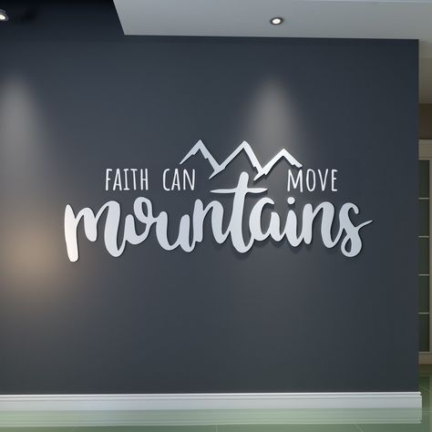 Christian Conference Decor, Faith Can Move Mountains Wallpaper, Church Office Decorating Ideas, Christian Wall Decor Ideas, Church Entryway Decor, Christian Murals, Church Welcome Signs, Small Church Stage Design, Christian Decorations