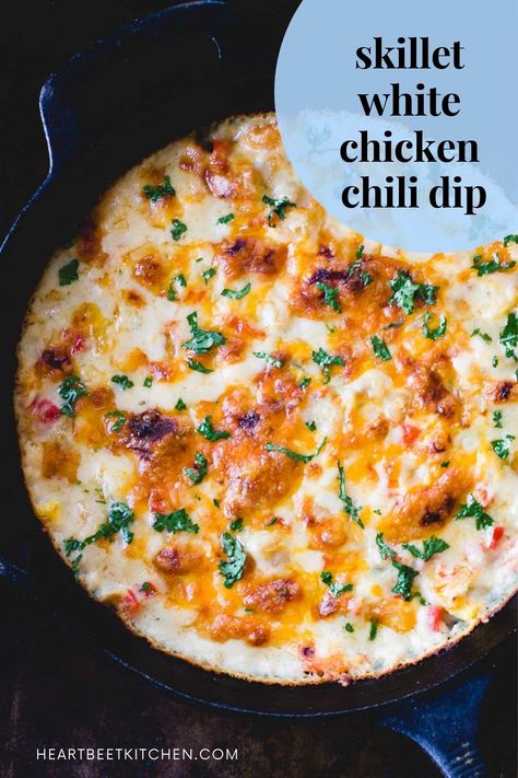 white chicken chili dip in a cast iron skillet Chicken Bean Dip, White Chicken Dip, White Chicken Chili Dip, Shredded Chicken Dip, Chicken Chili Dip, Chicken And Salsa, White Chicken Chilli, Heartbeet Kitchen, Dash Recipes