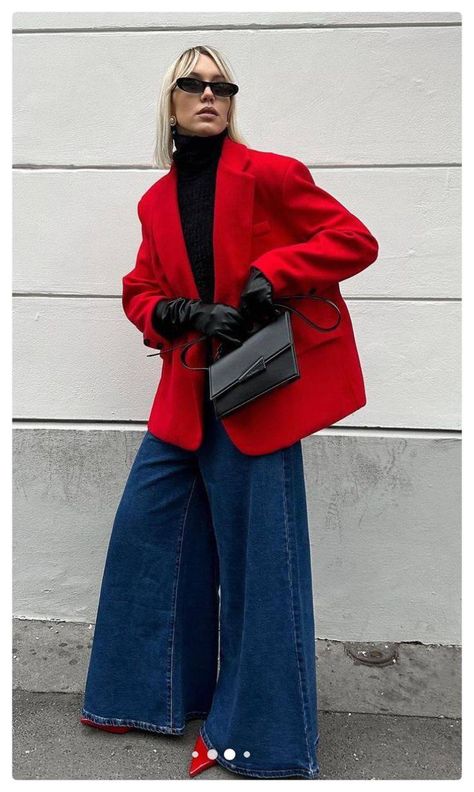 Red Oversized Blazer Outfit, Red Blazer Outfit Casual, Red Blazer Outfit, Wide Leg Outfit, Wide Leg Jeans Outfit, Wide Leg Pants Outfit, Red Blazer, Red Outfit, Blazer Outfits