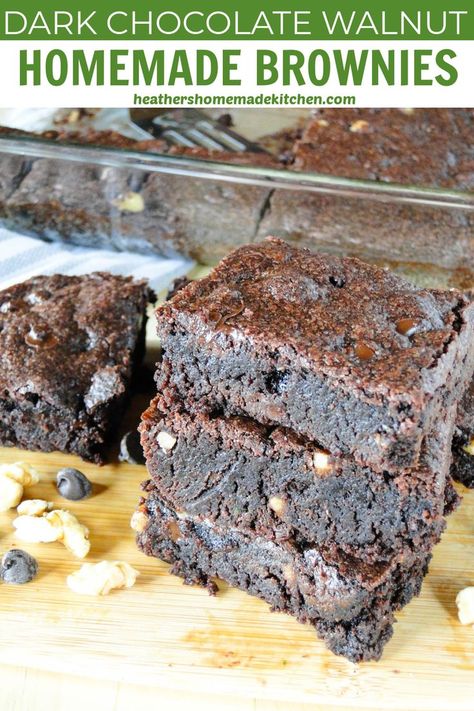 Dark Chocolate Walnut Brownies are fudgy, nutty, and super indulgent. Filled with dark chocolate cocoa and chips, and crunchy walnuts these brownies are the ultimate chocolate treat. Easy to whip up with one bowl and delicious enough to share with everyone you know! Dark Chocolate Brownies Recipe, Dessert Bars Recipes Easy, Chocolate Walnut Brownies, Chocolate Zucchini Muffins, Walnut Brownies, Dark Chocolate Brownies, Homemade Recipes Dessert, Impressive Desserts, Dessert Bar Recipe