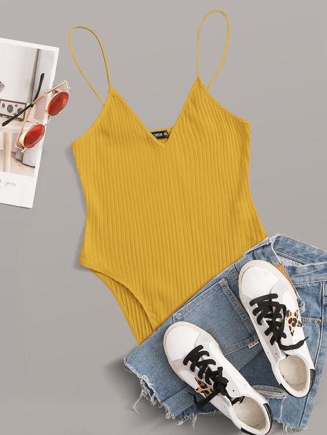 Yellow Bodysuit Outfit, Yellow Bodysuit, Summer Bodysuits, Bodysuit Outfit, Bodycon Bodysuit, Cami Bodysuit, Style Basics, Shein Tops, Edgy Outfits