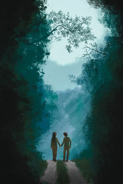 A digital painting I made of a couple walking in a foggy tropical forest Couple Walking Illustration, Anime Forest Aesthetic, Couple Silhouette Painting, Tapestry Ideas, Forest Drawing, Couples Canvas, Forest Backdrops, Couple Walking, Mountain Drawing