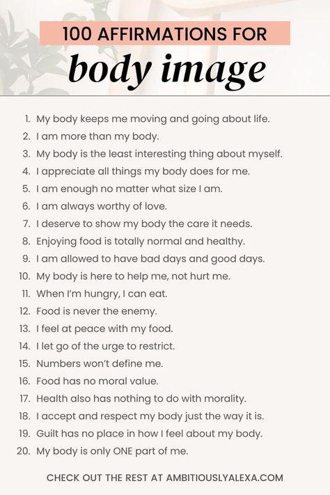 Daily affirmations for body image Healthy Body Image For Women, Loving Your Body Quotes Self Esteem, My Body Is Healthy Affirmations, Body Quote Confidence, Healthy Body Affirmations, Body Affirmations, Body Appreciation, Improve Body Image, Body Image Quotes