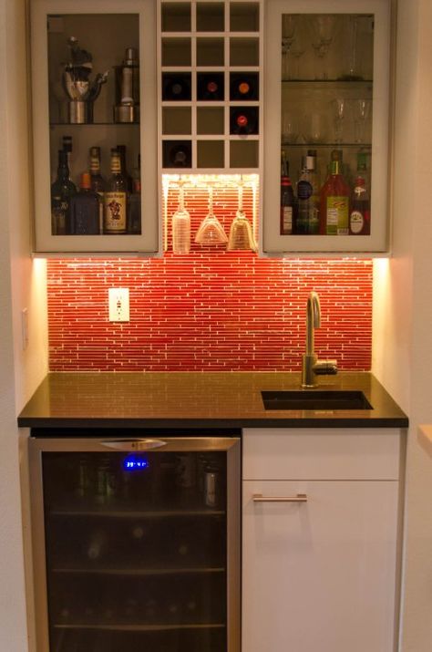 just to demonstrate if we went real small.  I hate the colors.  IKEA.Kitchen.Kirkland.1 Ideas De Mini Bar, Small Wet Bar, Wet Bar Cabinets, Wet Bar Sink, Wet Bar Designs, Small Bars For Home, Red Backsplash, Home Wet Bar, Bar Sala