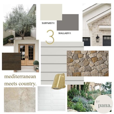 Mood Board Exterior Architecture, Cream Exterior Paint Colors Modern, Hampton Mood Board, Dream House Mood Board, Exterior Facade Mood Board, Exterior Mood Board Home, Mood Board Exterior Design, Facade Colour Scheme, Mediteranian House Exterior